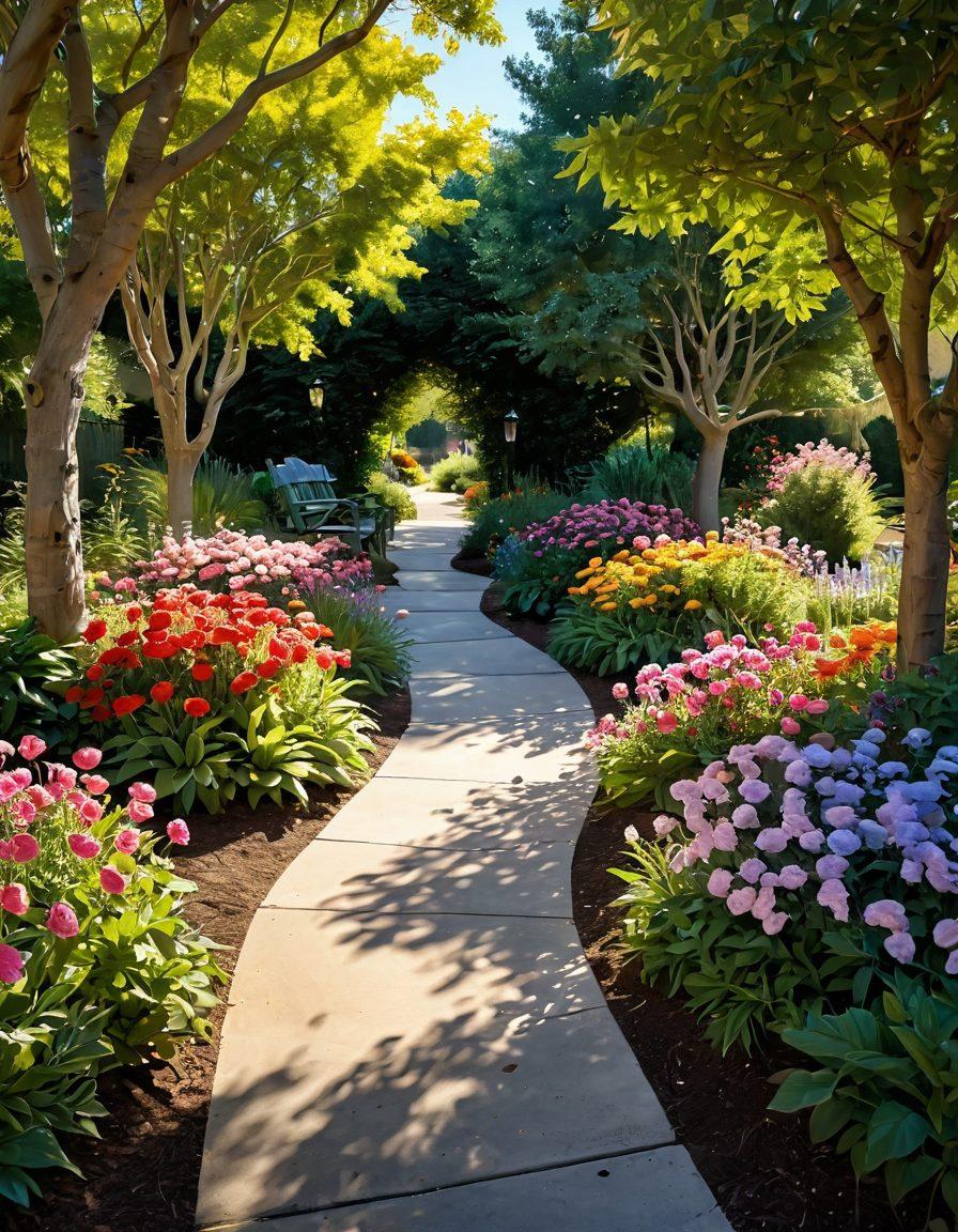 A serene path winding through a beautiful garden, symbolizing the journey of cancer survivorship, with vibrant flowers and trees representing hope and resilience. Include a supportive figure gently guiding another along this path, emphasizing community and wellness. Soft, warm sunlight filtering through the leaves, casting gentle shadows. super-realistic. vibrant colors. peaceful atmosphere.