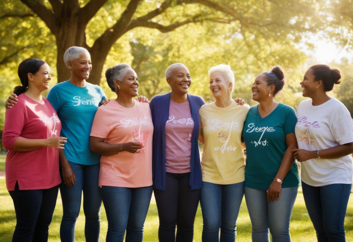A group of diverse cancer survivors gathered in a supportive circle, sharing smiles and laughter, with warm sunlight streaming through trees in a park setting. Include symbols of hope like ribbons and flowers around the group, portraying emotional support and community bonds. The background should evoke a sense of peace and strength, capturing the essence of resilience. vibrant colors. super-realistic.